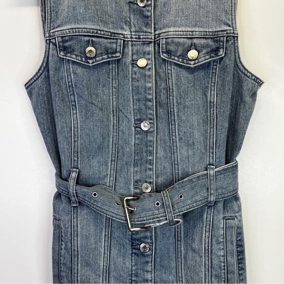 MICHAEL Michael Kors Frayed Neck Belted Seamed Denim dress sky haze wash - 8P - Picture 6 of 11